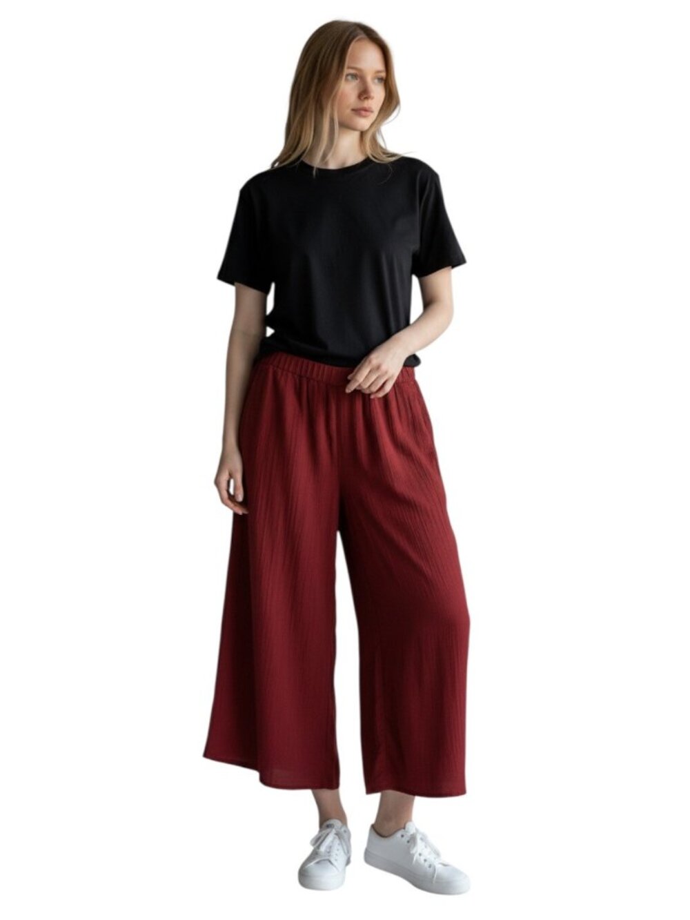 Eloquii Pants Women’s 14 Burgundy Red Plisse Pleated Elastic Waist Wide Leg Crop